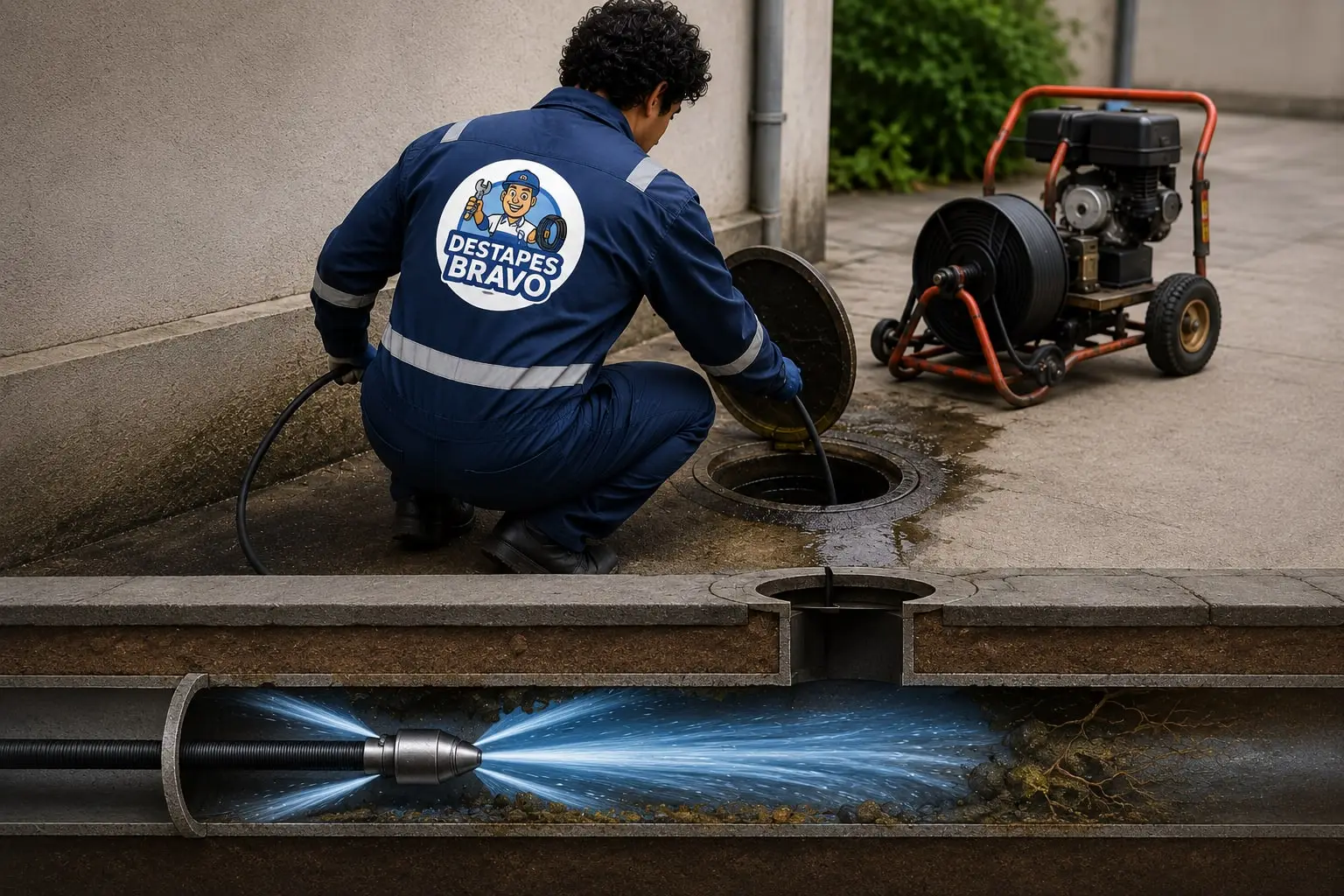 Técnico de Destapes Bravo baja la manguera del Hidrojet por la cámara de alcantarillado, y el corte del pavimento deja ver la boquilla lanzando chorros de agua a presión contra el sedimento adherido a las paredes del ducto