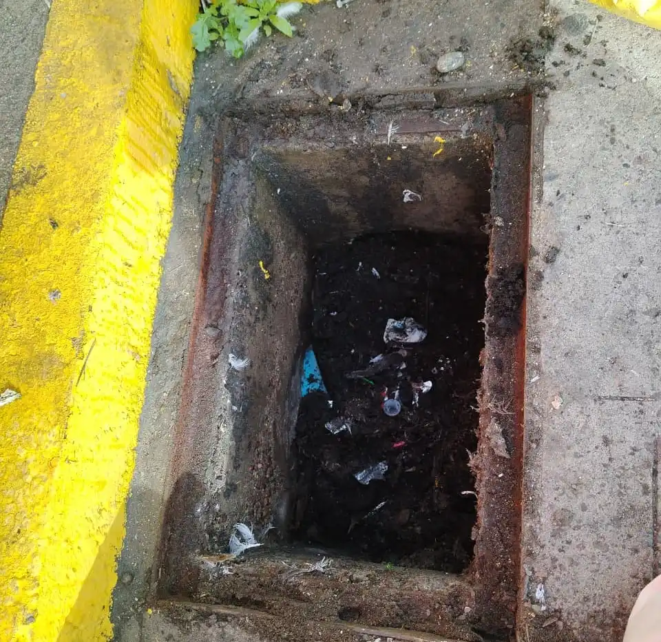 Sumidero de calle con basura y sedimento acumulado antes de la limpieza