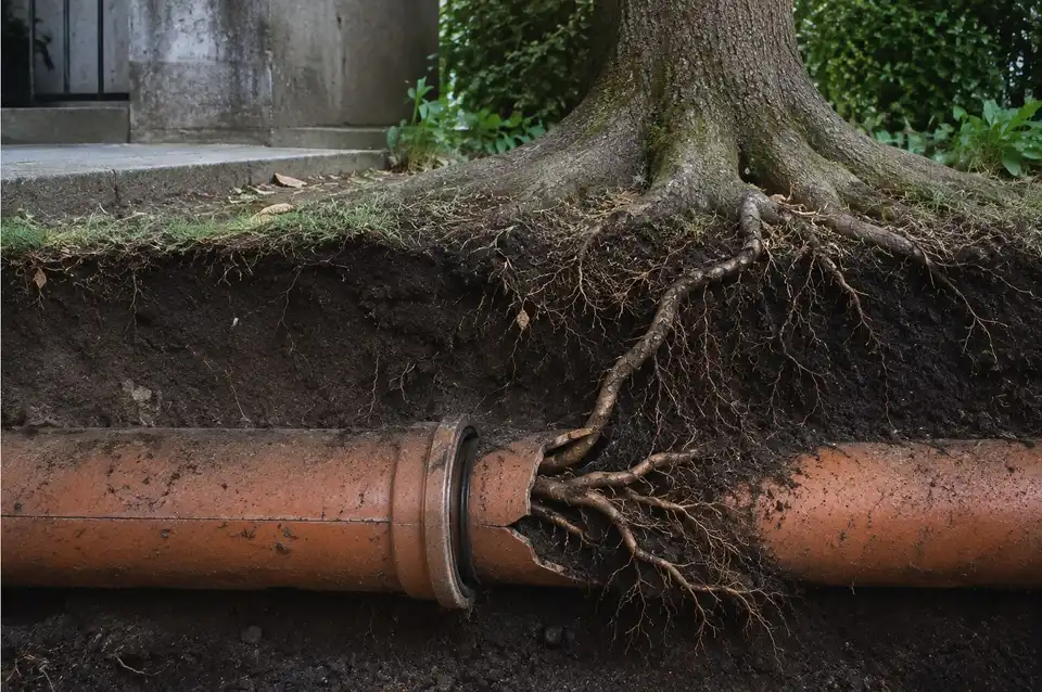 Corte del terreno: la raíz de un árbol entra a la tubería de alcantarillado por la junta entre dos tramos, sin romper el tubo